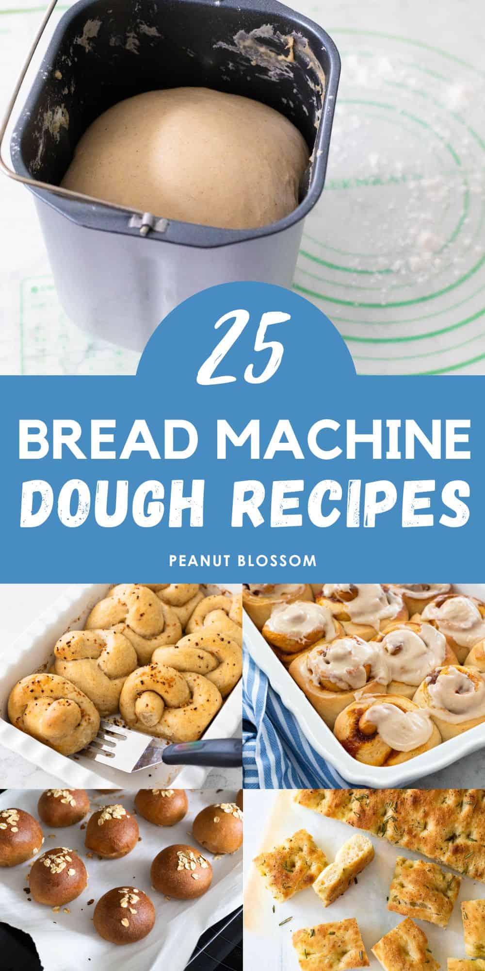 The bread pan is filled with dough ready to be baked in the oven, the photo collage shows 3 sample recipes for focaccia, cinnamon rolls, and dinner rolls.