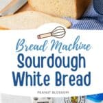The photo collage shows a loaf of sourdough white bread has been sliced on a cutting board with a blue striped napkin on the side next to a photo of the ingredients needed to make it.