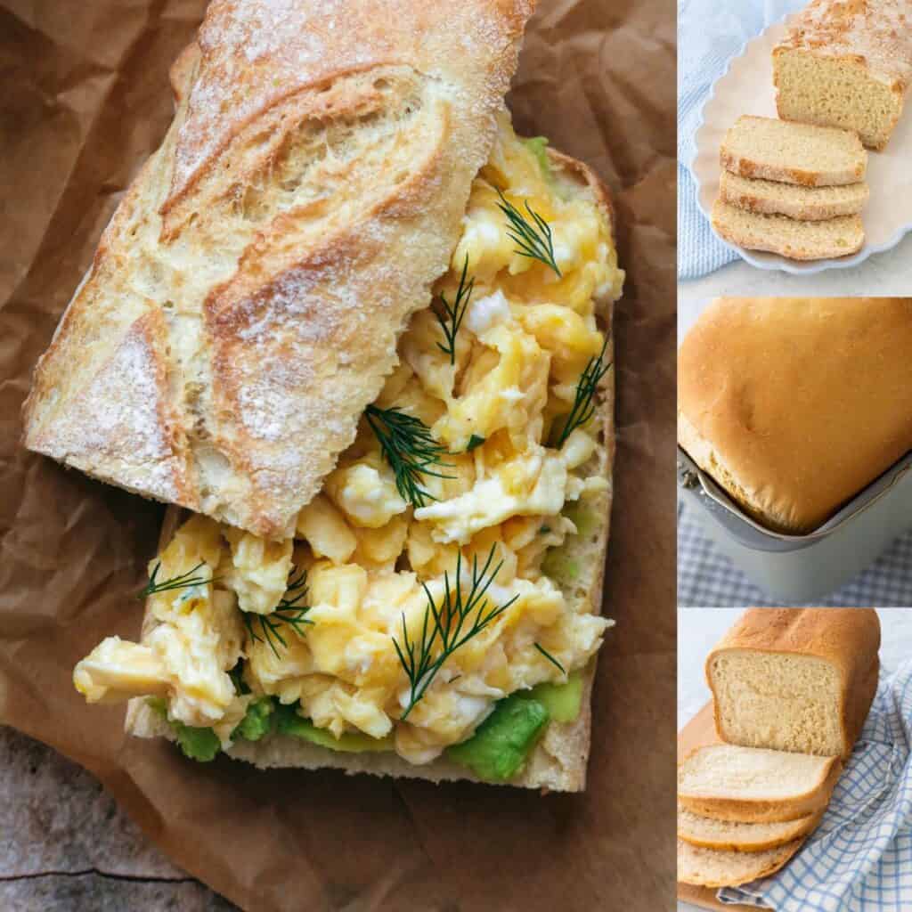 The photo collage shows a rustic egg sandwich next to 3 photos of homemade breads that could be used to make it.