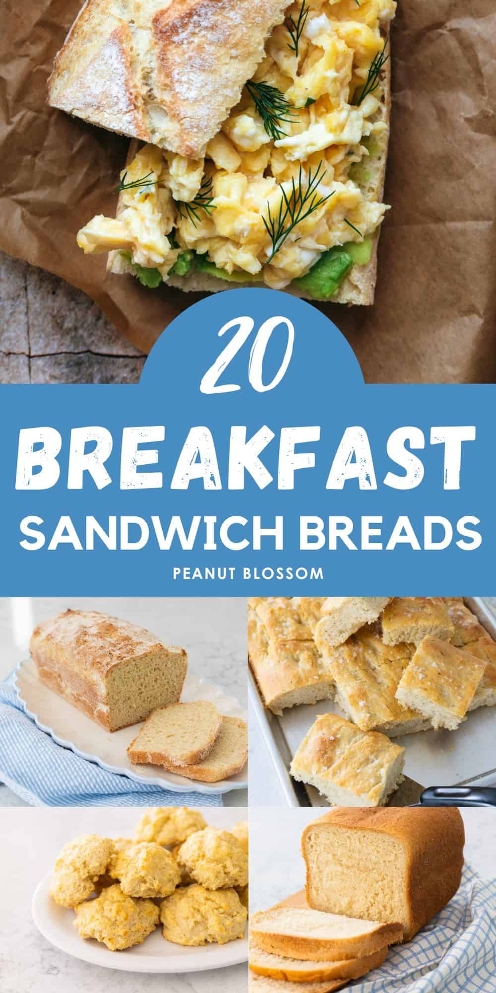 The photo collage shows a rustic egg sandwich next to 4 photos of homemade breads that could be used to make it.