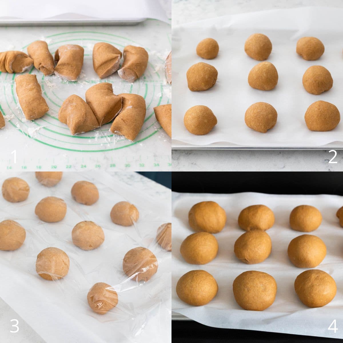 The step-by-step photo collage shows the dough being cut into portions, shaped into small round balls, covered to rise, and then arranged evenly on a baking sheet before baking.