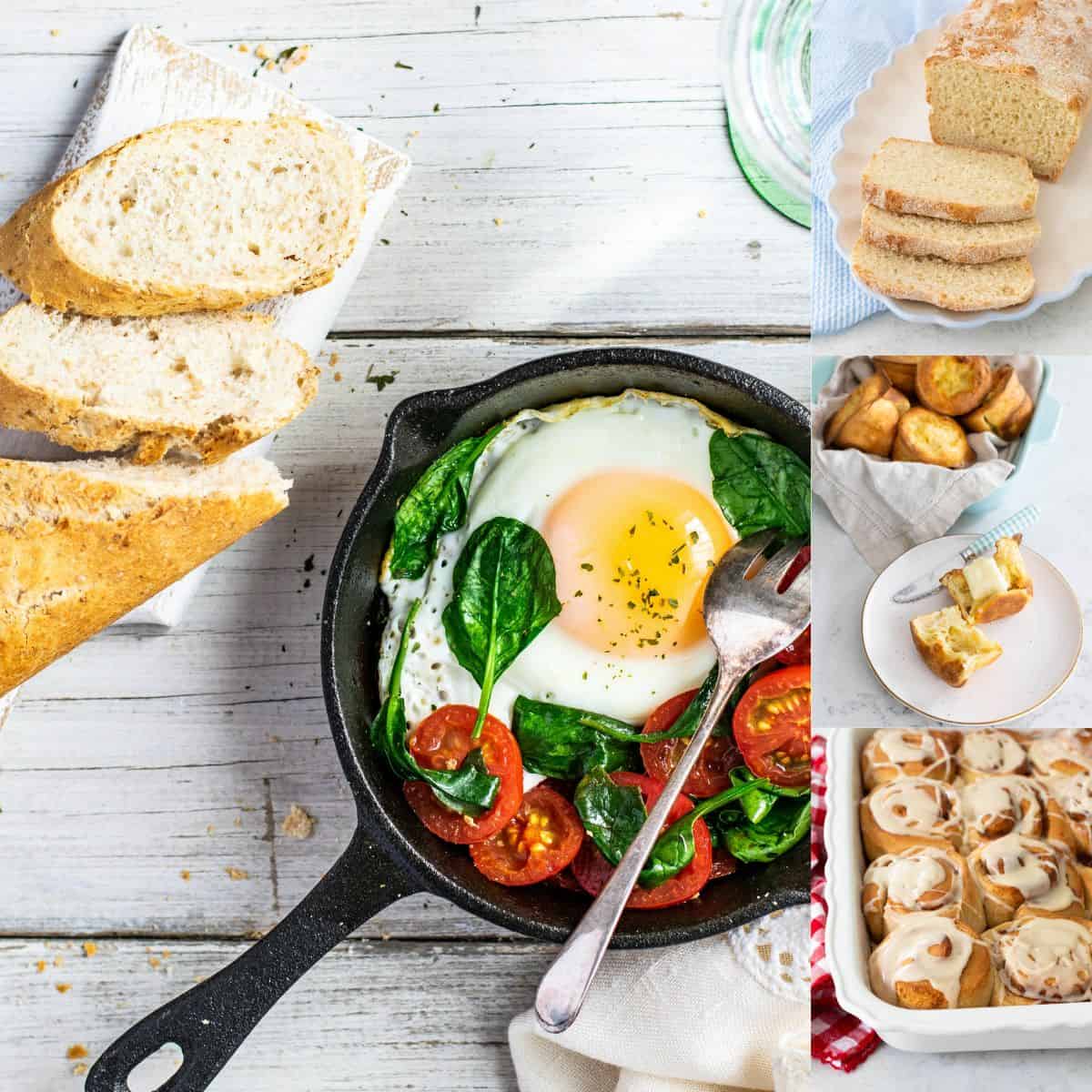 A skillet of eggs and vegetables sits on the table next to a sliced loaf of bread. The photo collage includes 3 more pictures of easy brunch breads.