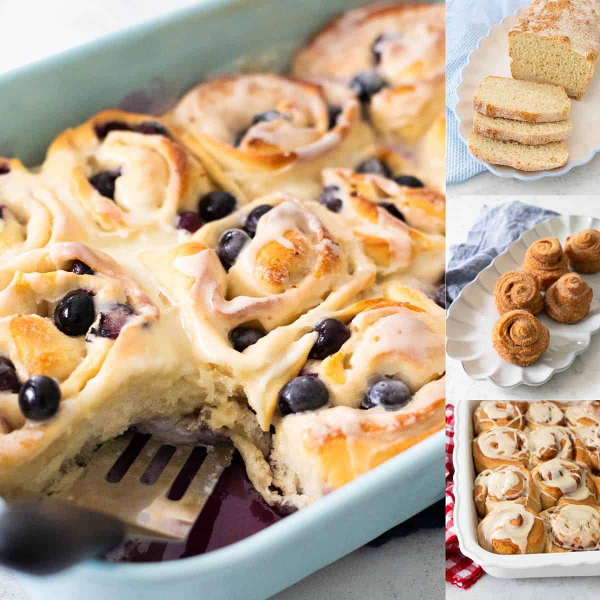 The photo collage shows pans of cinnamon rolls next to other sweet breads.