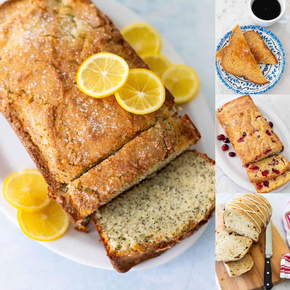 The photo collage shows 2 quick breads and 2 bread machine sliceable loaves.