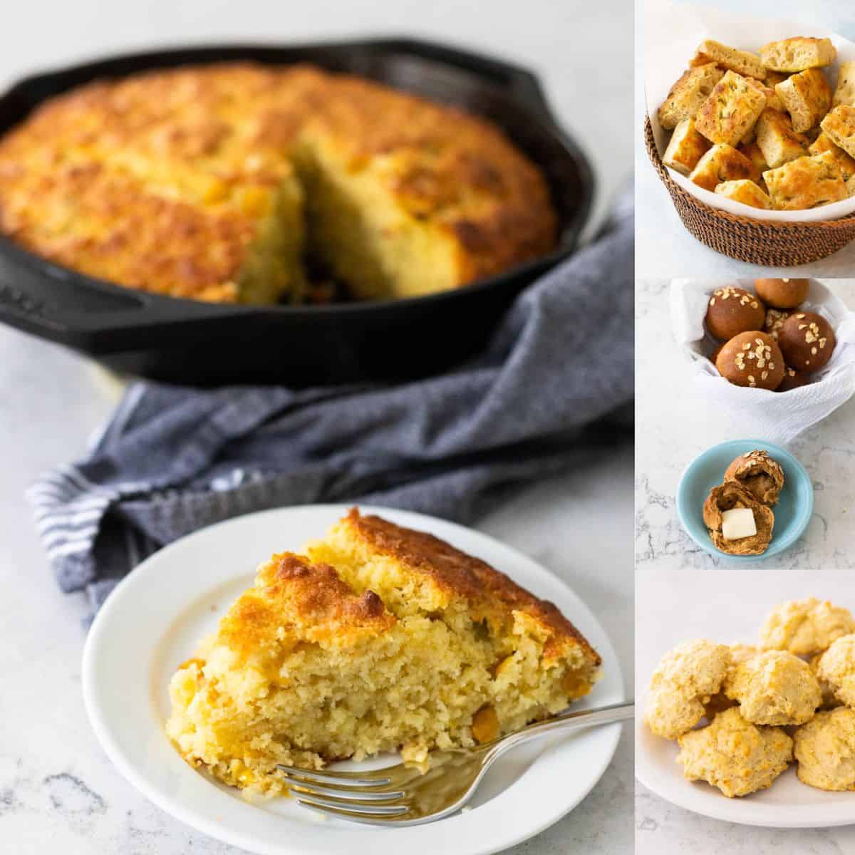 The photo collage shows a skillet cornbread next to 3 more savory brunch breads in bread baskets.