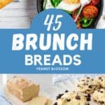 A skillet of eggs and vegetables sits on the table next to a sliced loaf of bread. The photo collage includes 3 more pictures of easy brunch breads.