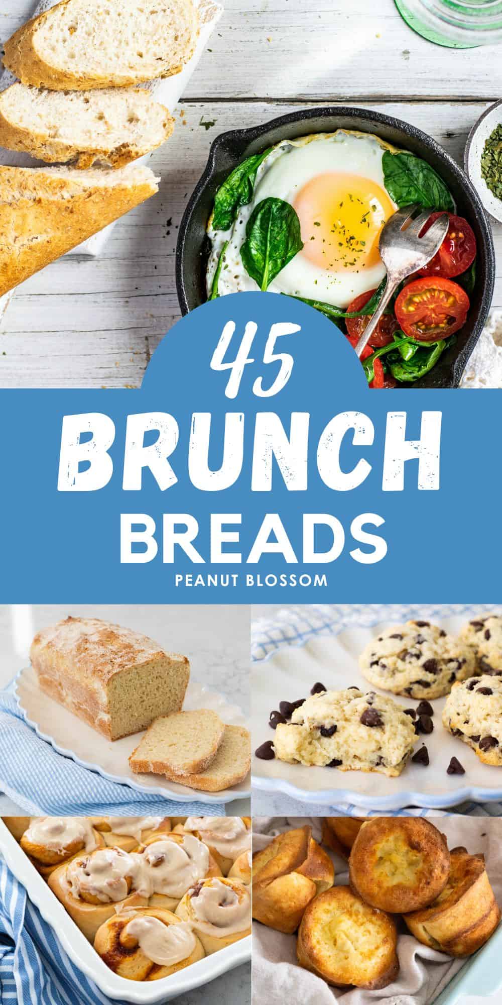A skillet of eggs and vegetables sits on the table next to a sliced loaf of bread. The photo collage includes 3 more pictures of easy brunch breads.