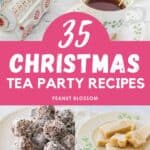 The photo collage shows a tea party scene next to 4 recipes to serve at a holiday tea.