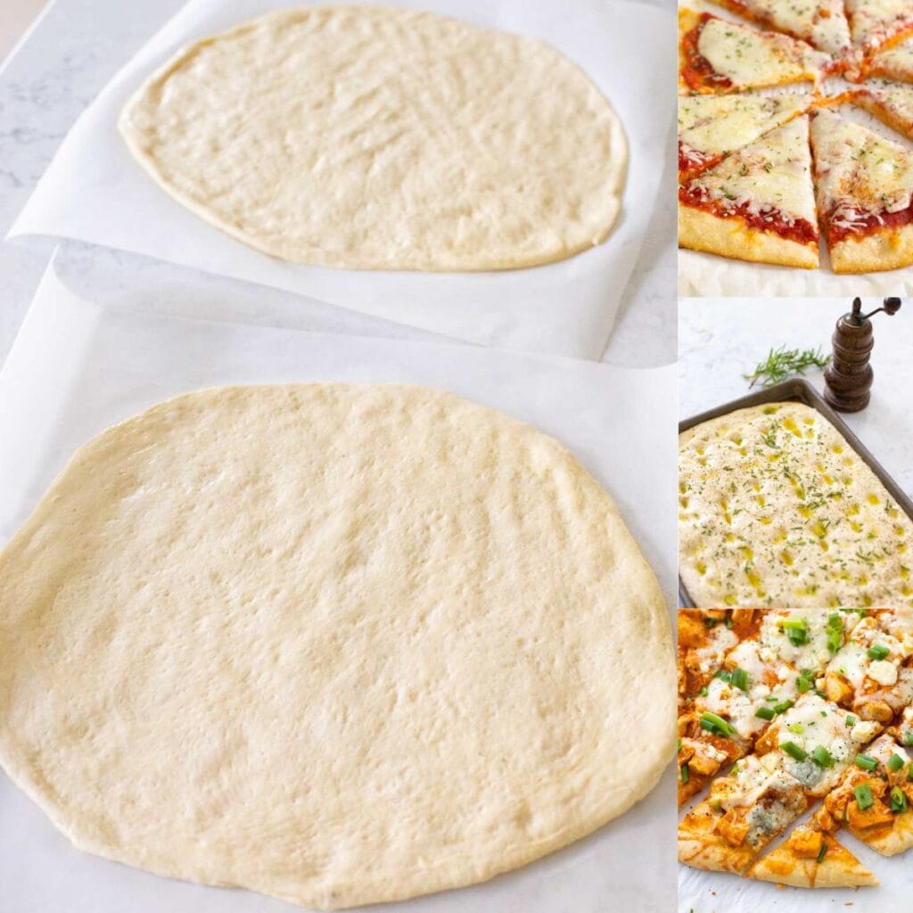 The photo collage shows a pair of pizza crusts ready to be topped and baked next to 3 more photos of pizzas and focaccia.