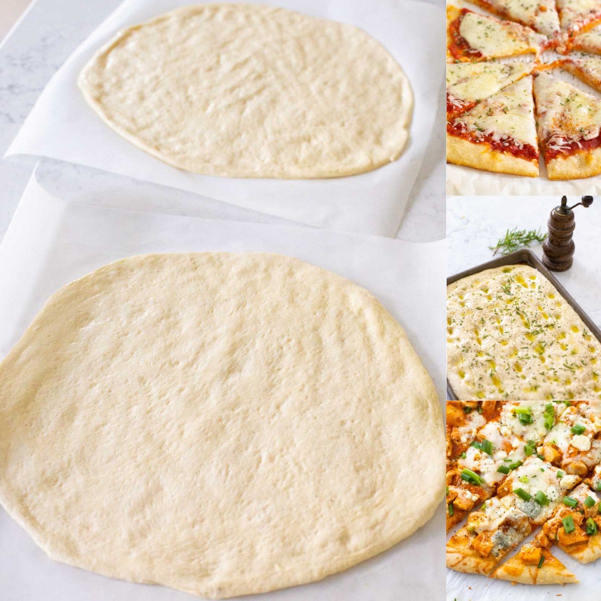 The photo collage shows a pair of pizza crusts ready to be topped and baked next to 3 more photos of pizzas and focaccia.
