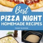 The photo collage shows a pair of pizza crusts ready to be topped and baked next to 3 more photos of pizzas and focaccia.