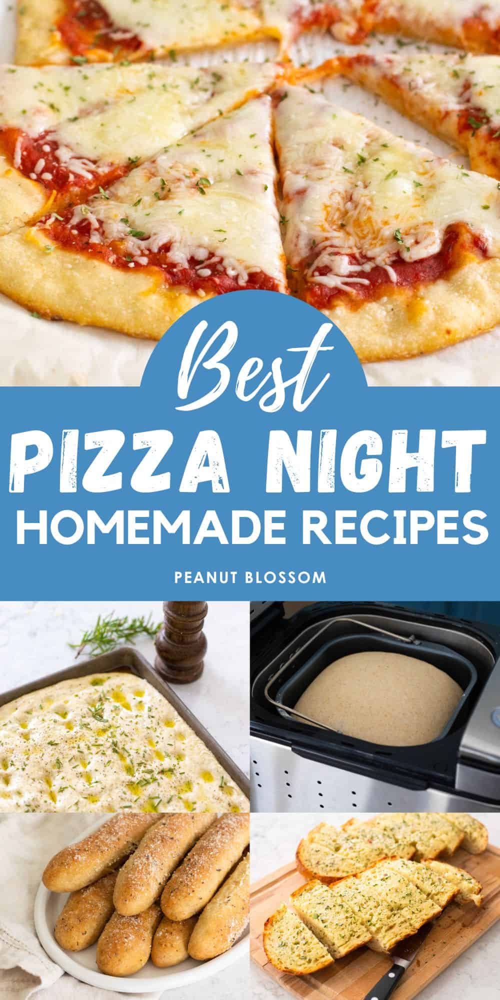 The photo collage shows a pair of pizza crusts ready to be topped and baked next to 3 more photos of pizzas and focaccia.