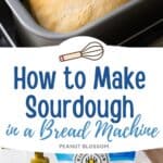 The photo collage shows a sourdough loaf in a bread maker pan next to a photo of the ingredients needed to make it.