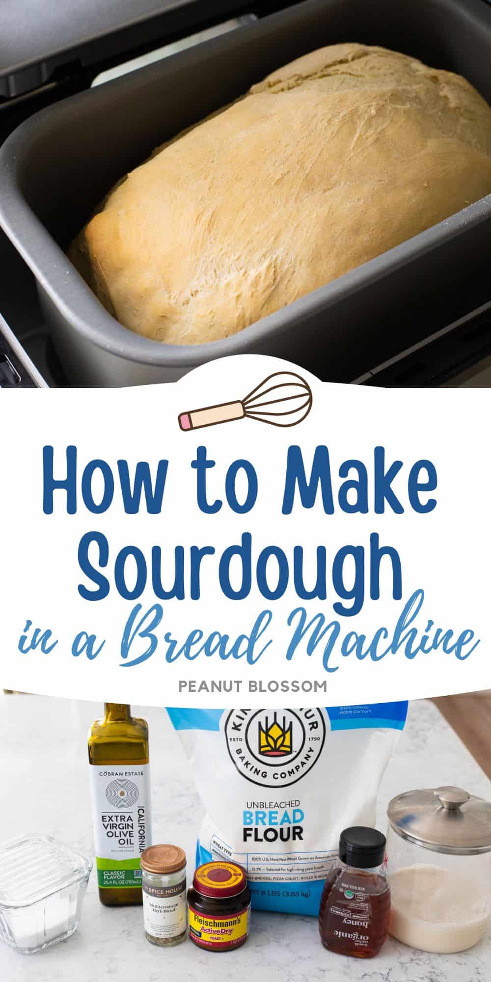 The photo collage shows a sourdough loaf in a bread maker pan next to a photo of the ingredients needed to make it.