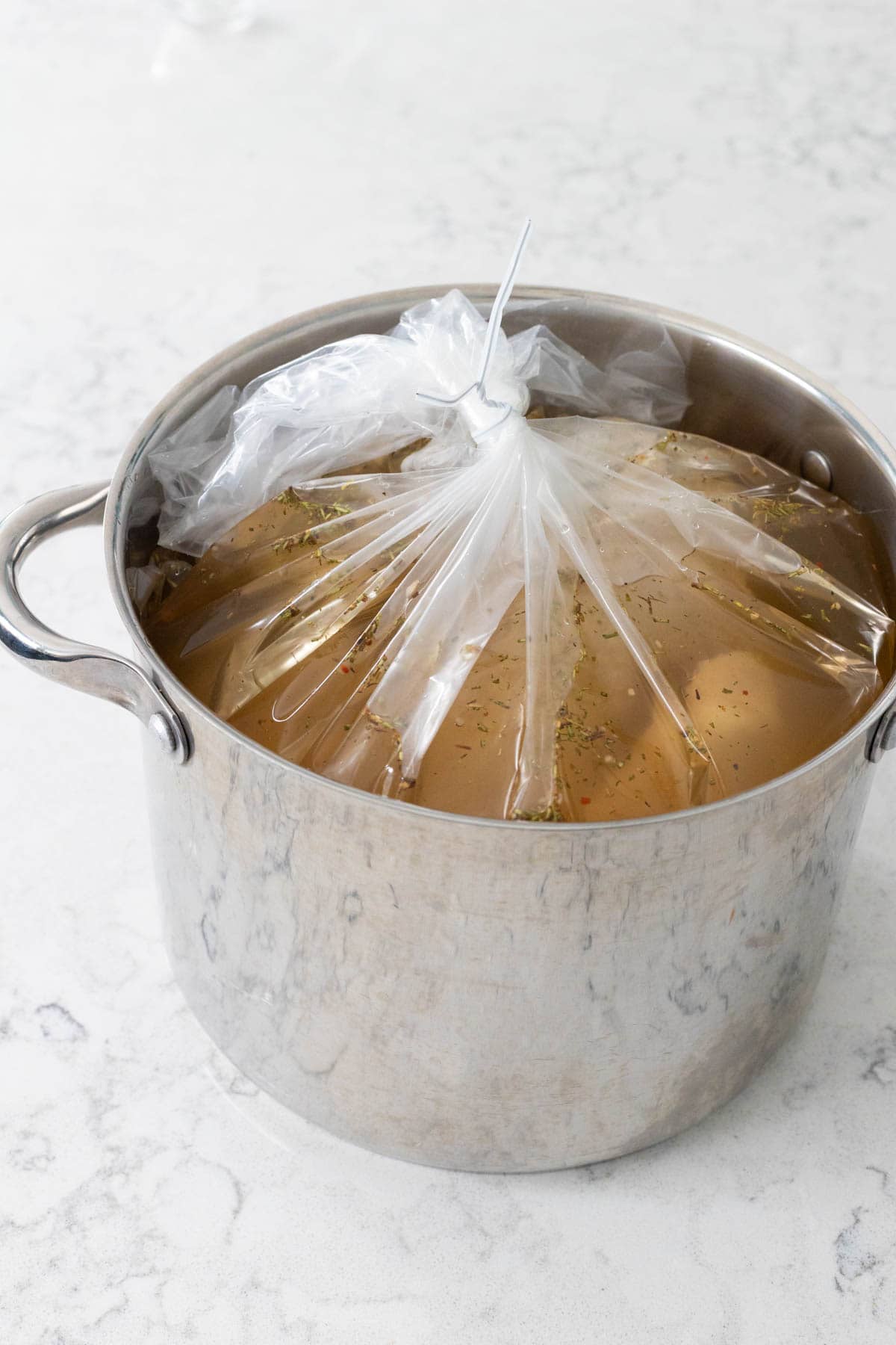 The turkey is in the brine and the brining bag has been sealed shut.