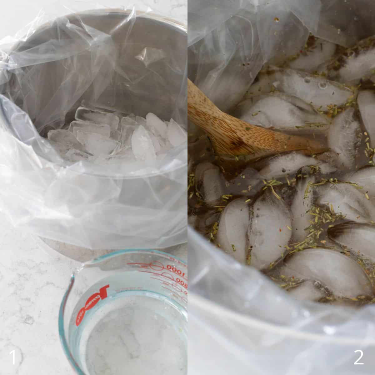 The pot filled with ice cools the brining liquid.