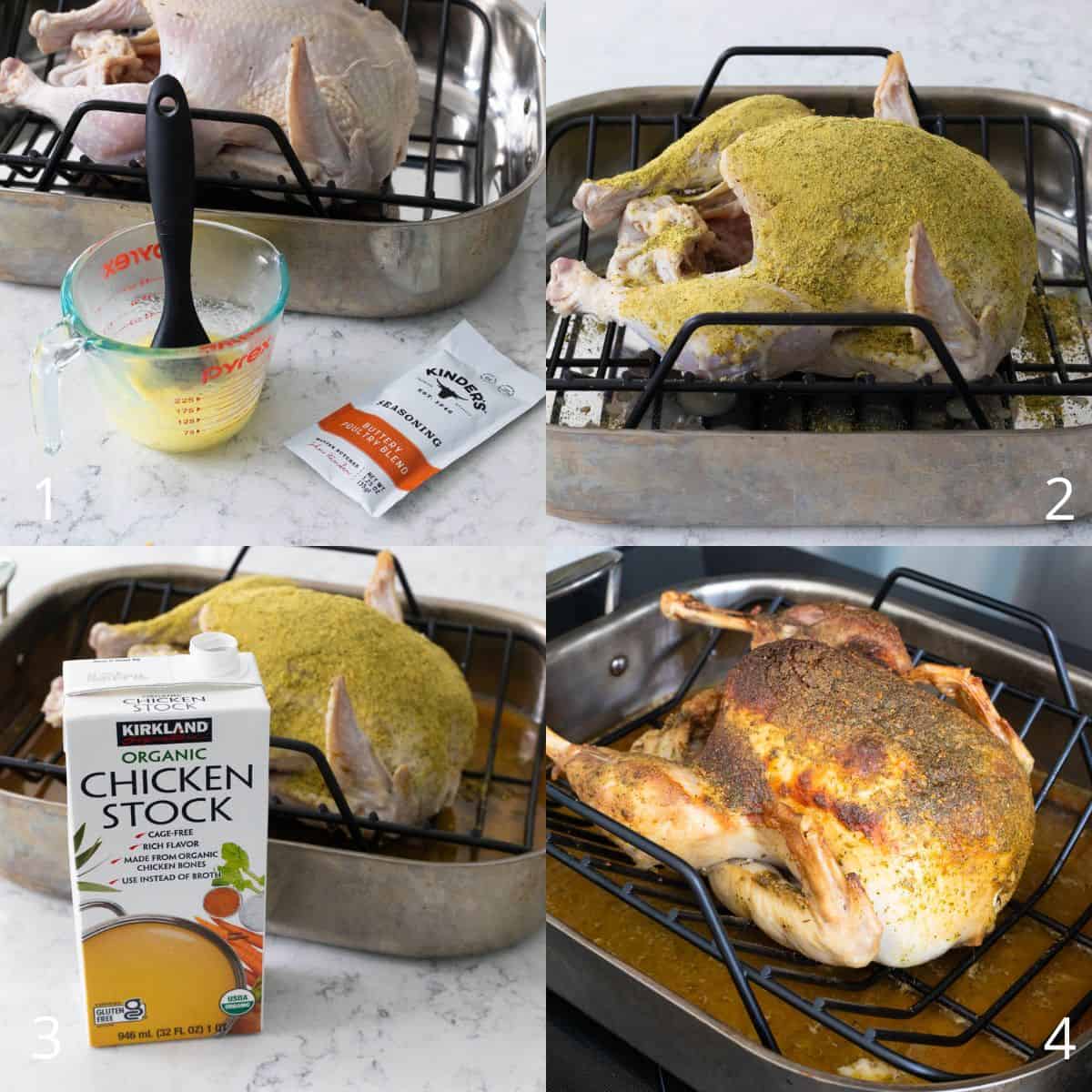 The step by step photo collage shows how to roast the brined turkey.
