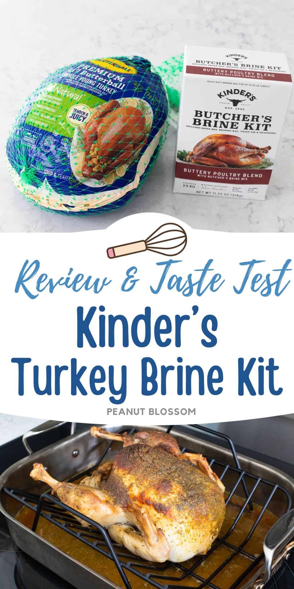 A picture of the brine kit next to a turkey is next to a photo of the finished roasted turkey.