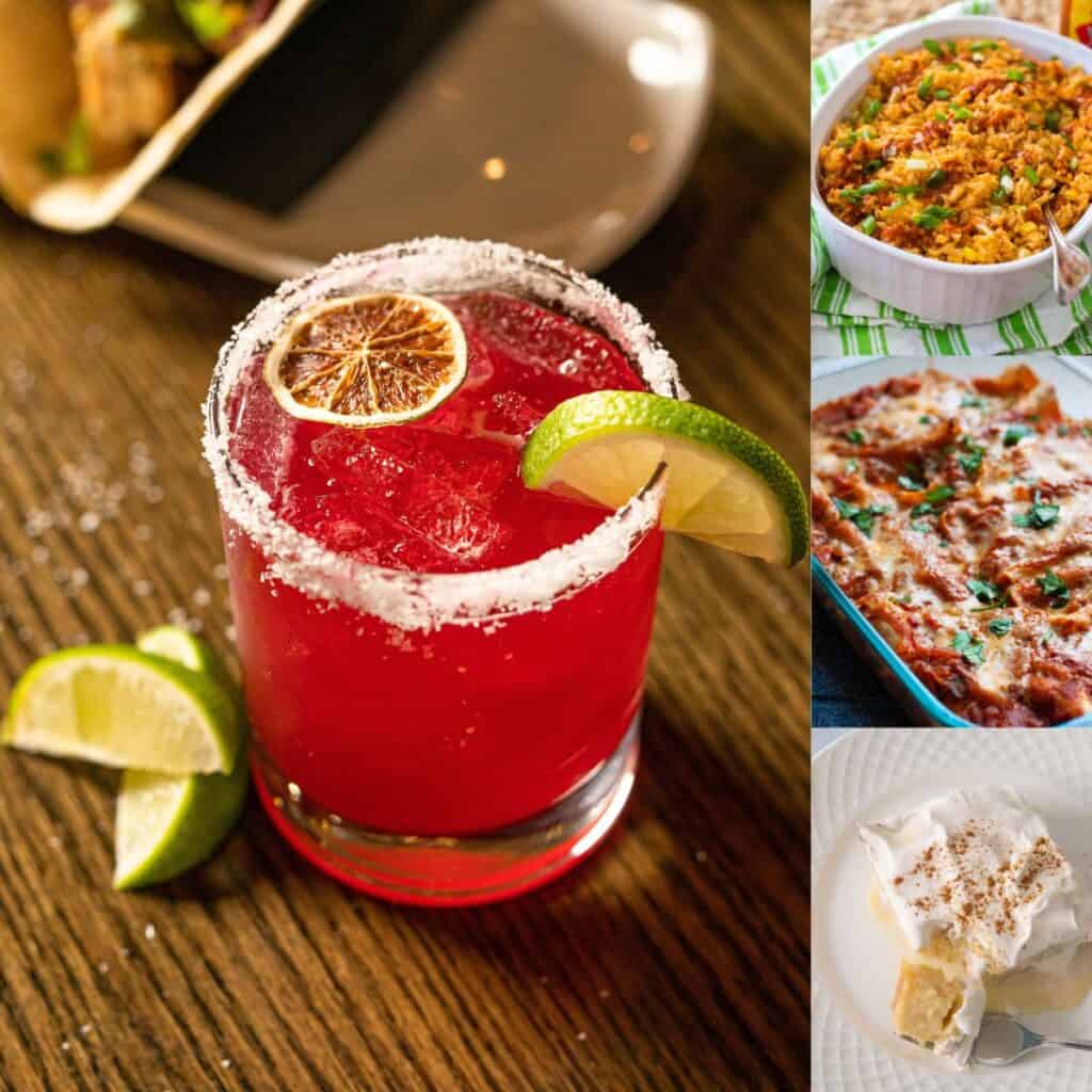 The photo collage shows a cranberry margarita next to 3 Mexican food dishes to serve for Christmas