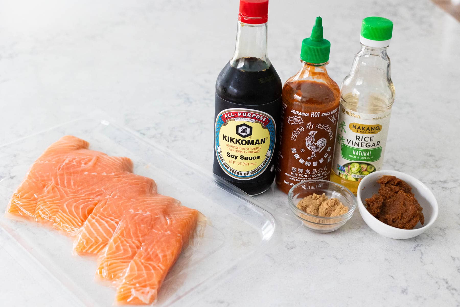 The ingredients to make Miso Salmon are on the kitchen counter.