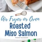 4 salmon filets have been roasted with a miso glaze and are served on a white platter. A fork takes a bite out of one.