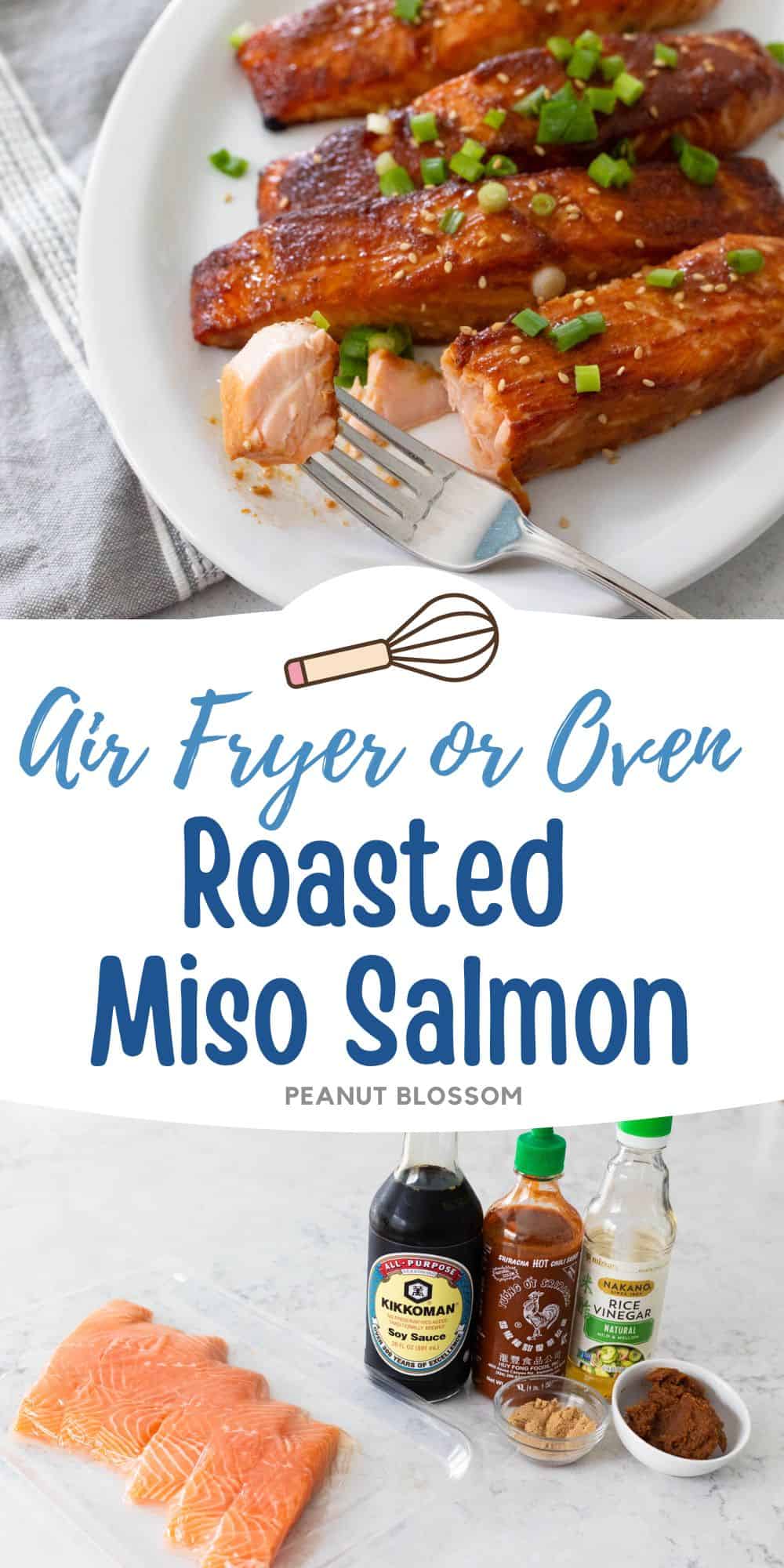 4 salmon filets have been roasted with a miso glaze and are served on a white platter. A fork takes a bite out of one.