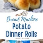 The bread basket filled with baked dinner rolls is next to a photo of the ingredients used to make it.
