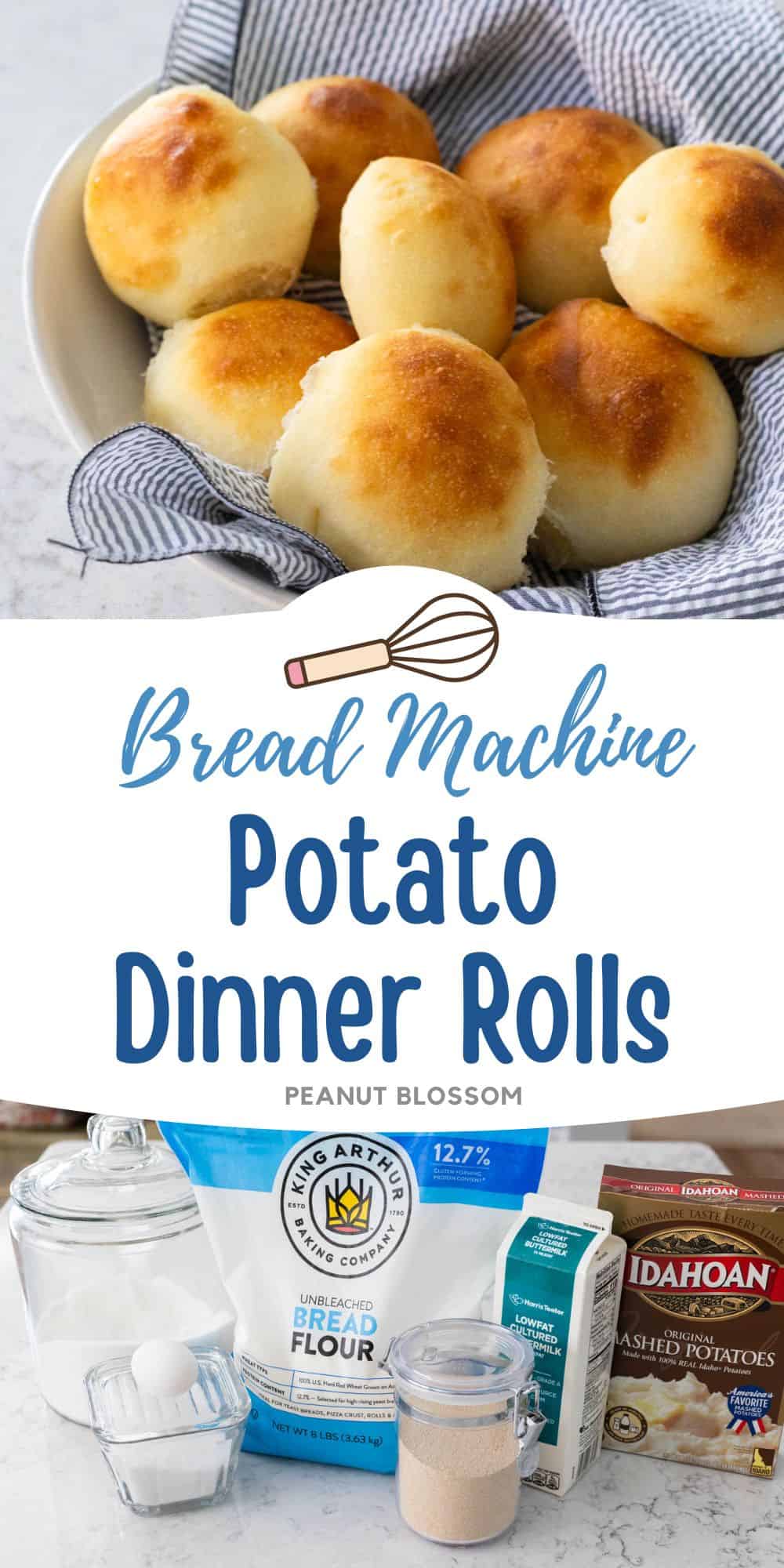 The bread basket filled with baked dinner rolls is next to a photo of the ingredients used to make it.