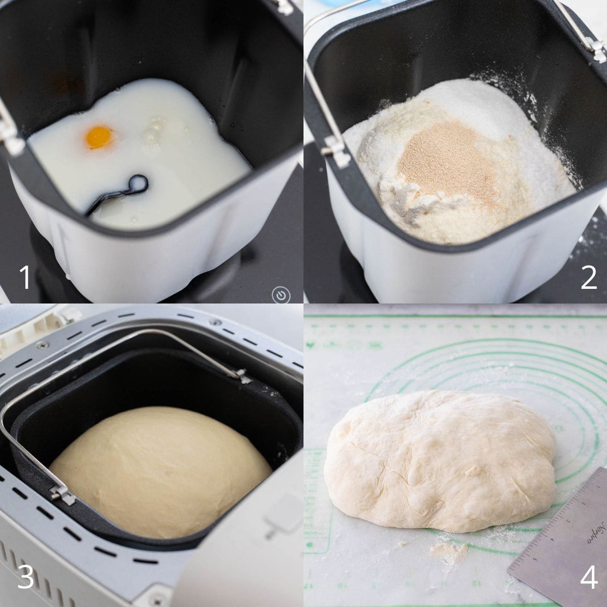 The step by step photos show how to load the ingredients into a bread machine pan and prepare the dough.