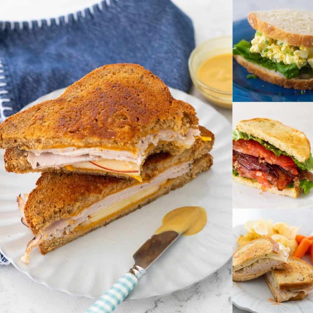 The photo collage shows four different sandwiches on different kinds of bread.