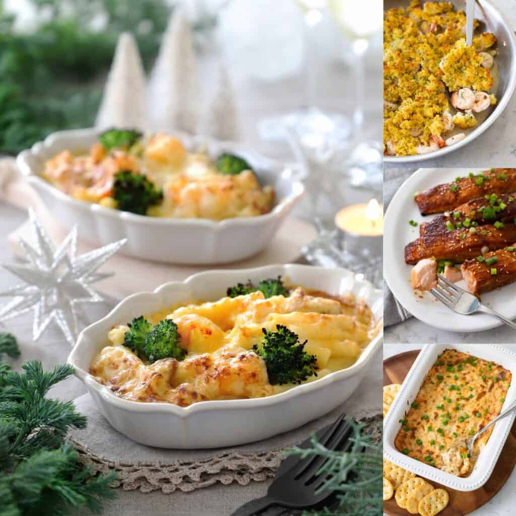 The photo collage shows 4 photos of seafood dishes that can be served for Christmas.
