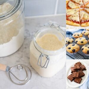 The photo collage shows a jar of sourdough starter next to 3 recipes you can use it for.