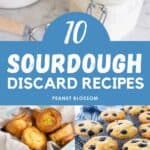 The photo collage shows a jar of sourdough starter next to 4 recipes you can use it for.