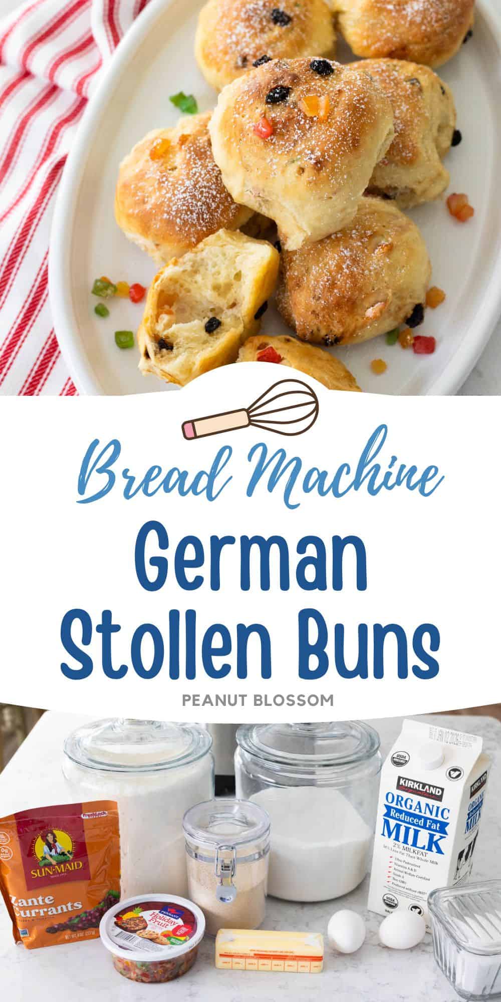 The photo collage shows the baked Stollen Buns next to a photo of the ingredients needed to make it.