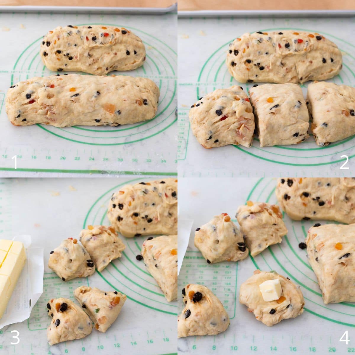 A step by step photo collage showing fruit-filled dough shaped into logs, cut into pieces, and small portions prepared with a cube of butter in the center for Stollen buns.