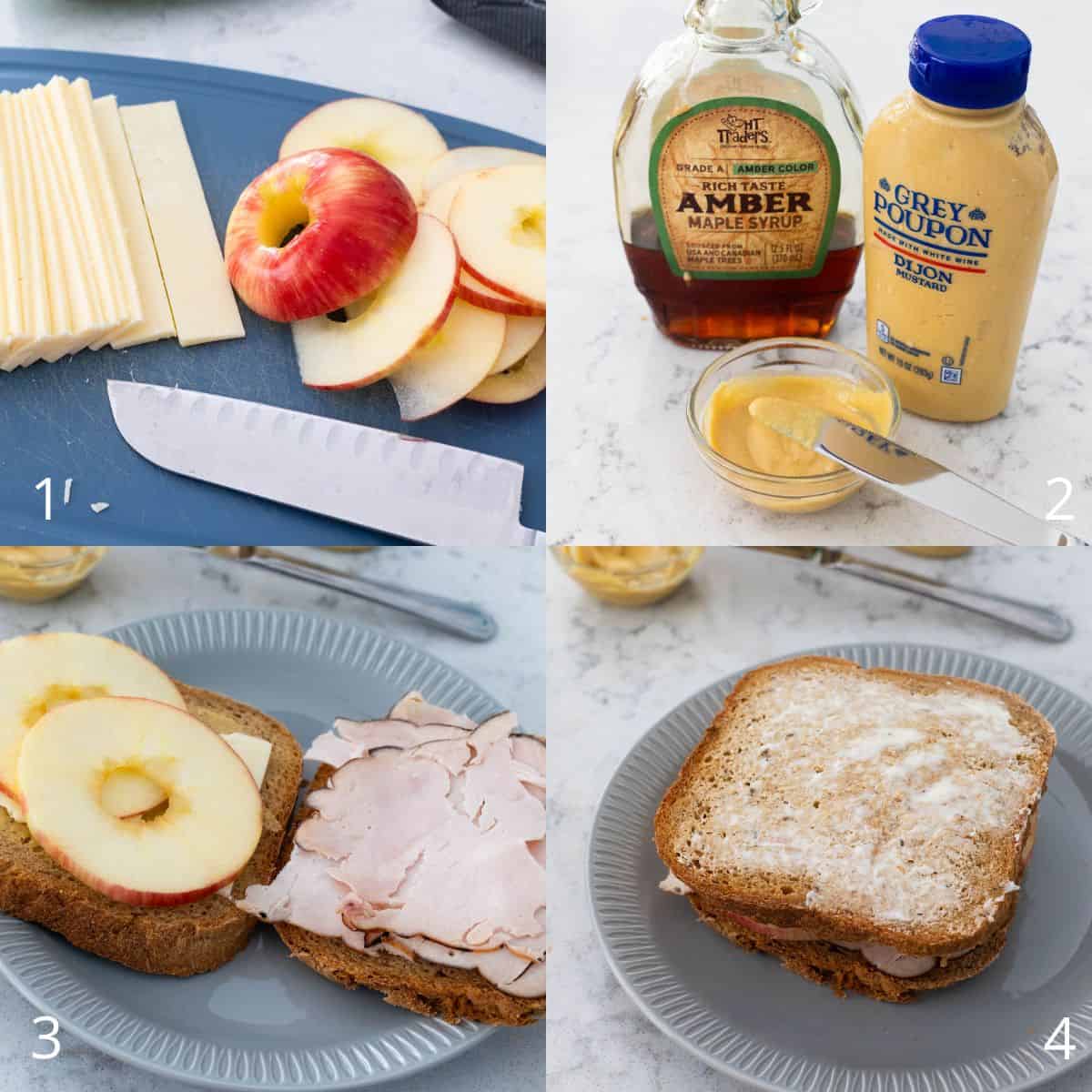 A step by step photo collage showing sliced apples and cheese, maple mustard ingredients, turkey and apple layered on bread, and the assembled sandwich ready to cook.