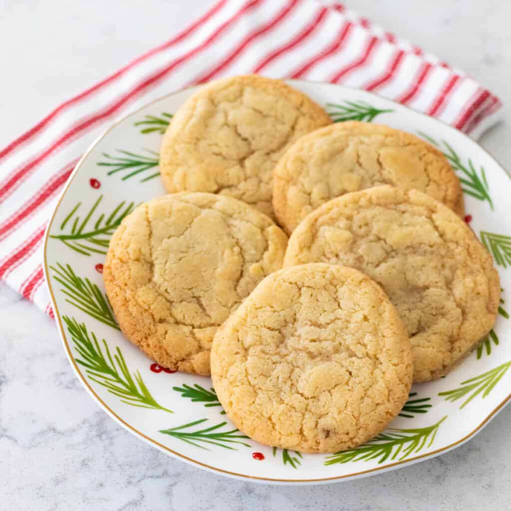 A festive holiday plate is filled with double vanilla cookies.