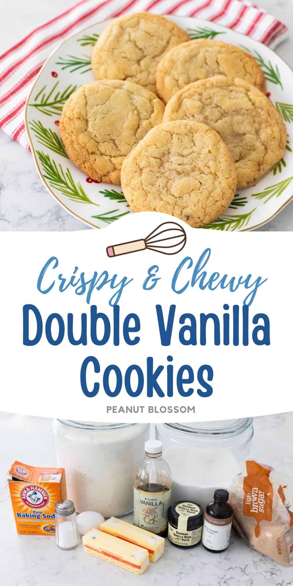 The photo collage shows the baked Vanilla Cookies next to a photo of the ingredients needed to make it.