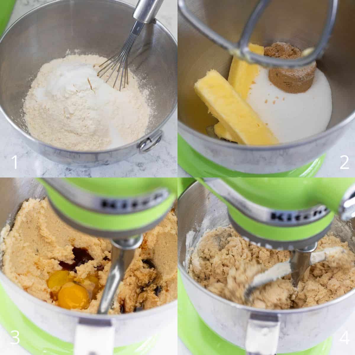 Une photo étape par étape montrant les ingrédients secs battus dans un bol, le beurre et les sucres dans un mélangeur, des œufs ajoutés au mélange, et la pâte se formant dans un batteur sur socle pour les biscuits à la vanille.