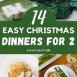 A table set for two at Christmas is next to 3 photos of easy dinners for two.