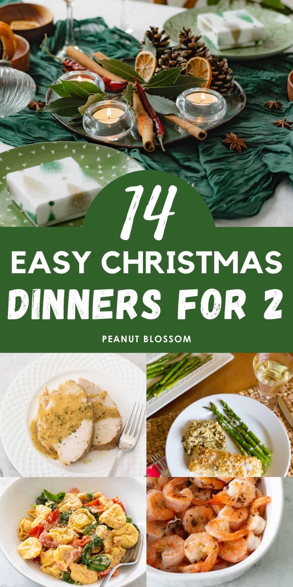 A table set for two at Christmas is next to 3 photos of easy dinners for two.