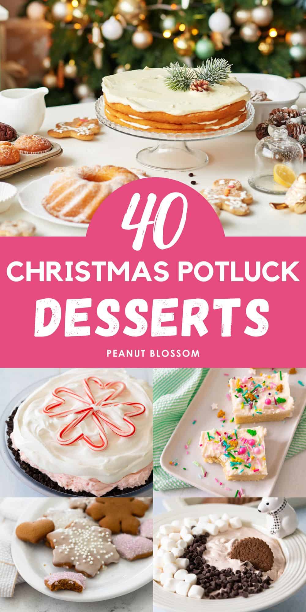 The photo collage shows a Christmas party dessert table next to 4 recipes you could bring to a potluck.