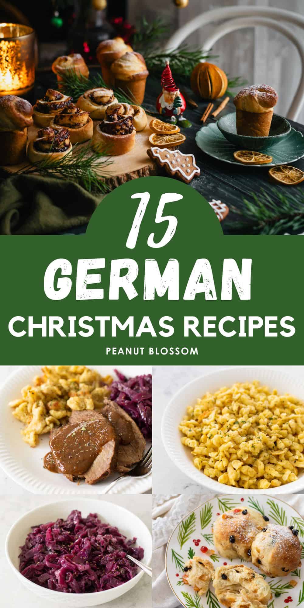 The photo collage shows a festive German dinner table next to 3 classic German recipes.