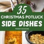 The photo collage shows a plate with a festive pine bough accent next to 4 recipes to bring to a potluck.