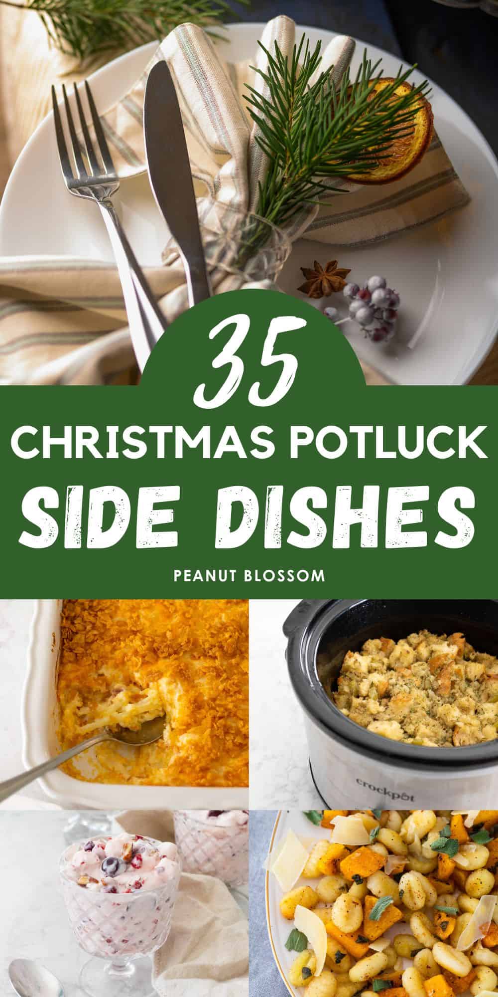 The photo collage shows a plate with a festive pine bough accent next to 4 recipes to bring to a potluck.