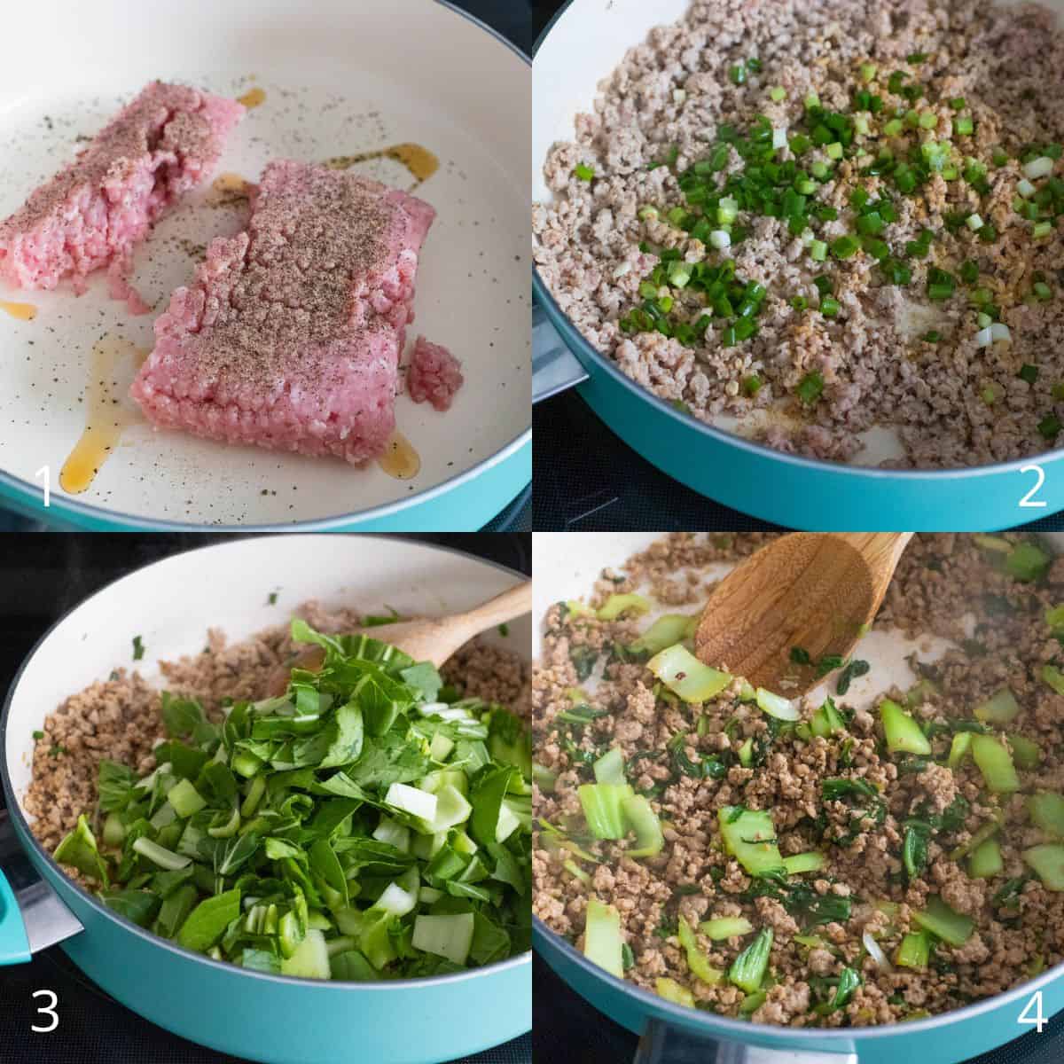 The step by step photo collage shows how to season and brown ground pork in a skillet, then stir in green onions and chopped cabbage until cooked through for flavorful rice bowls.