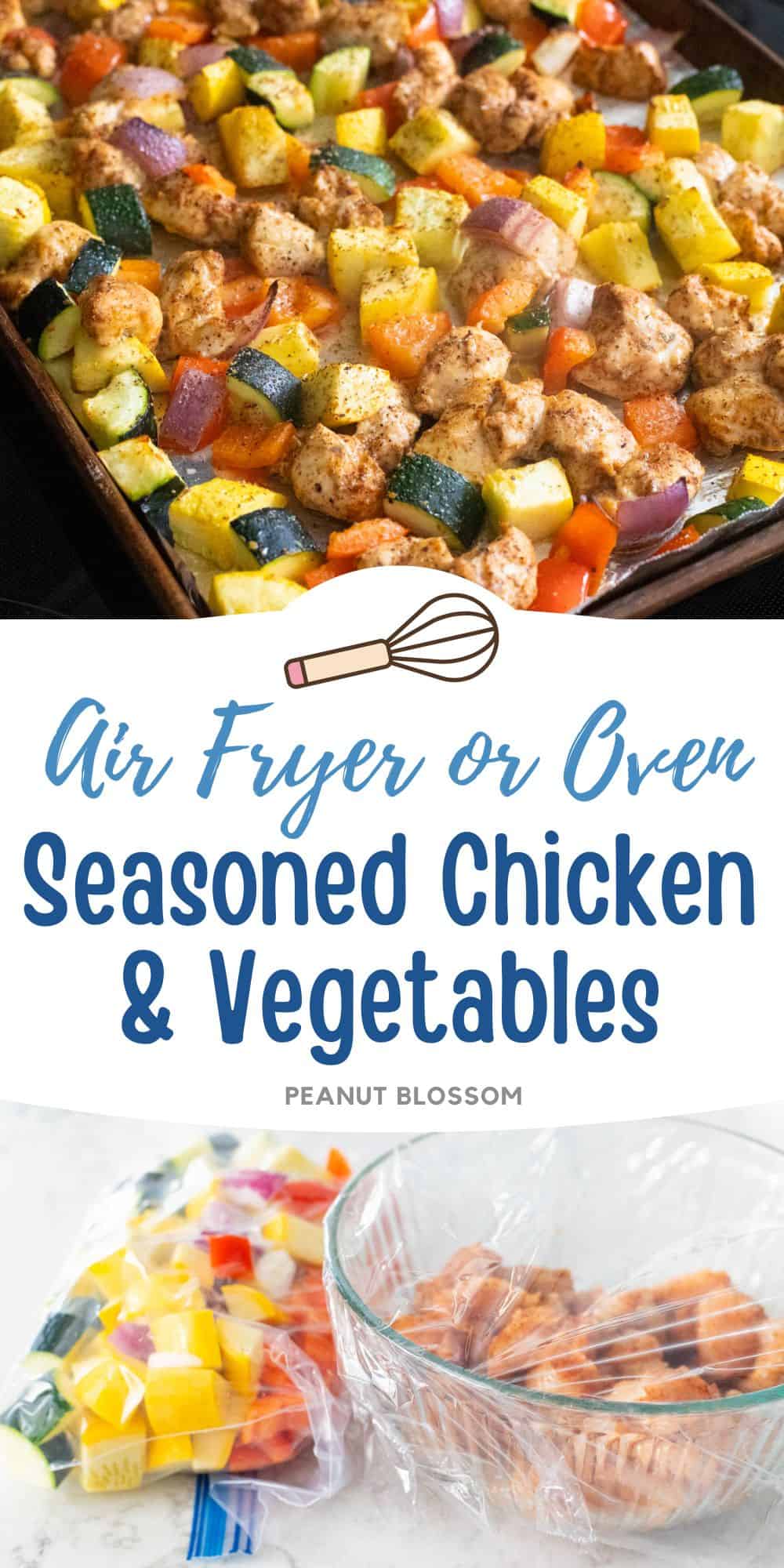 The photo collage shows the baked Seasoned Chicken and Vegetables next to a photo of the ingredients needed to make it.