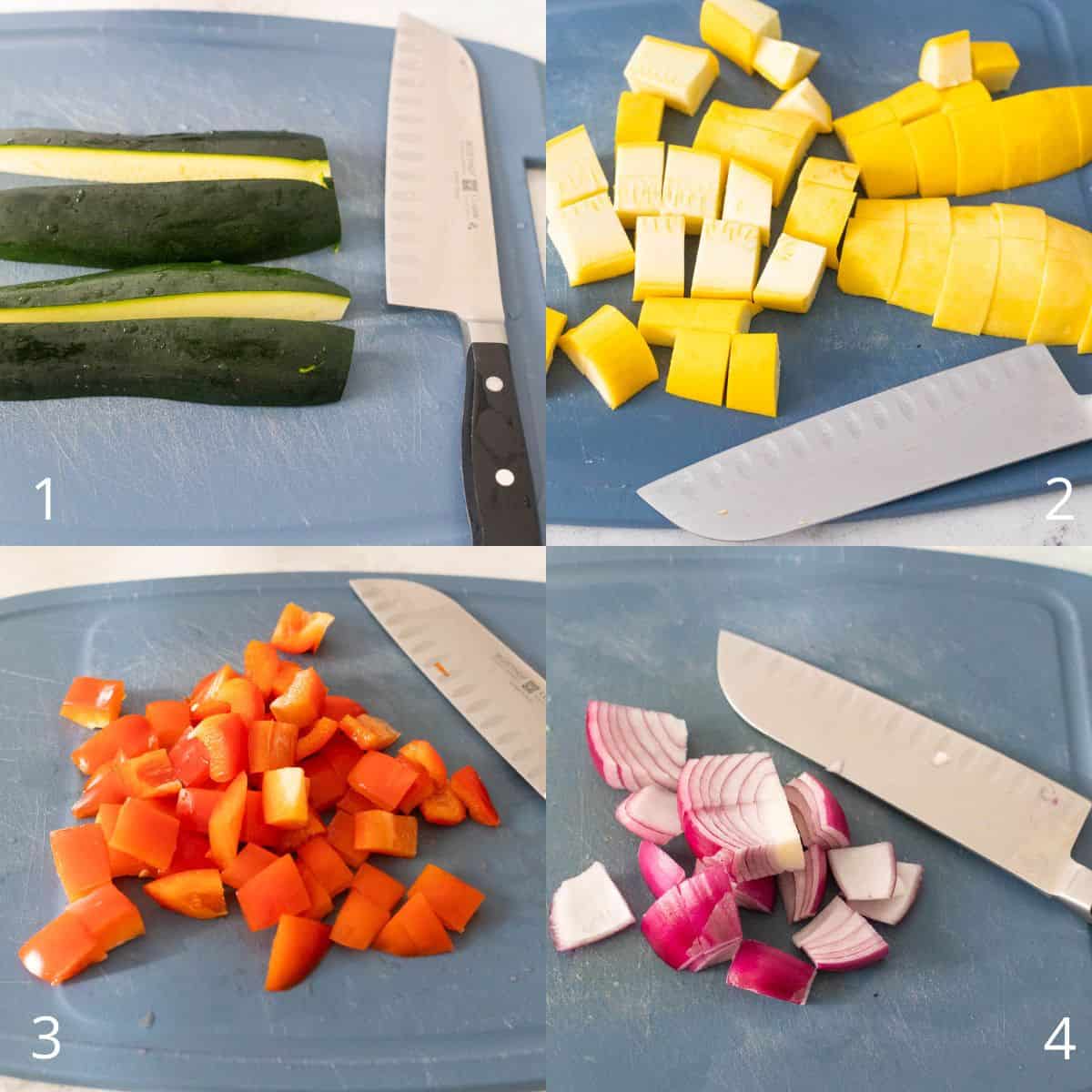 The step by step photo collage showing zucchini halved, yellow squash cubed, red bell pepper chopped, and red onion diced on a cutting board for seasoned chicken and vegetables.