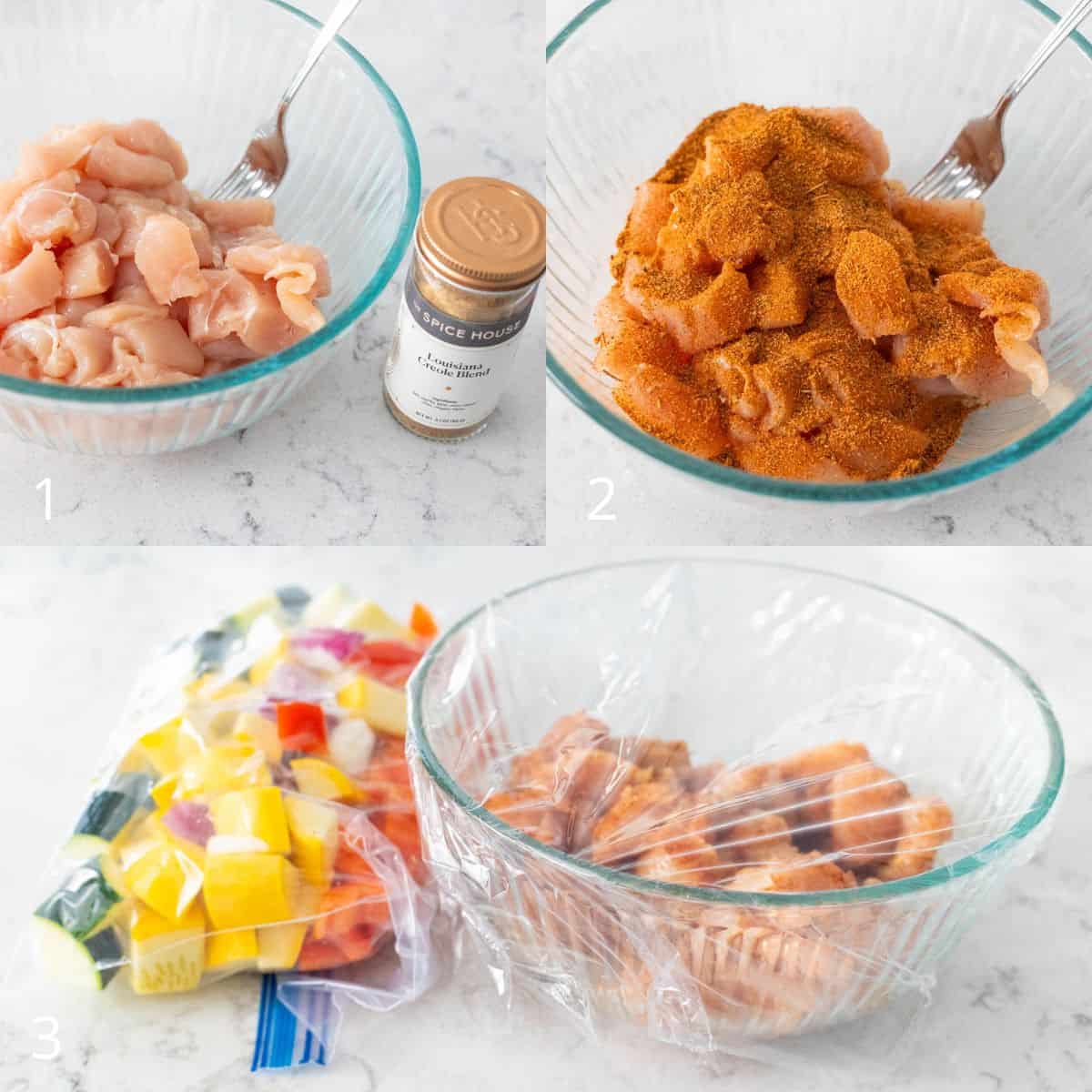 The step by step photo collage showing raw chicken pieces in a bowl, coated with spice blend, then covered and resting while chopped vegetables sit prepped in a zip-top bag.