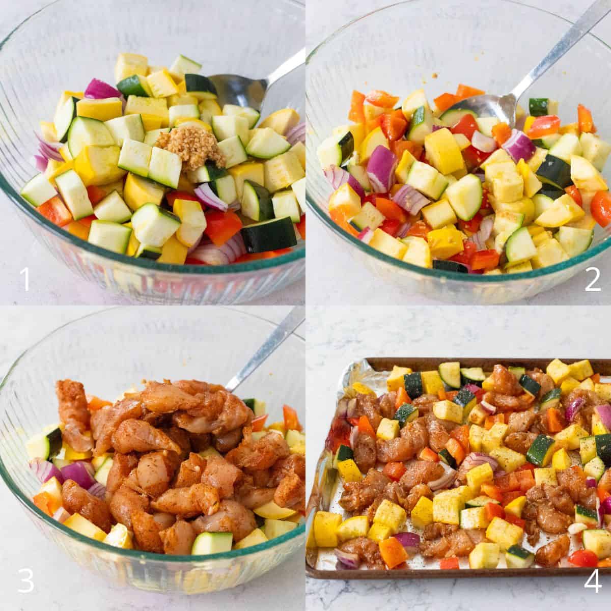The step by step photo collage showing chopped zucchini, squash, bell pepper, and red onion tossed with seasonings, mixed with marinated chicken, and spread onto a sheet pan ready to bake.